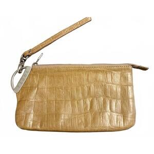 Prune Tan Crocodile Embossed Leather Wristlet Clutch